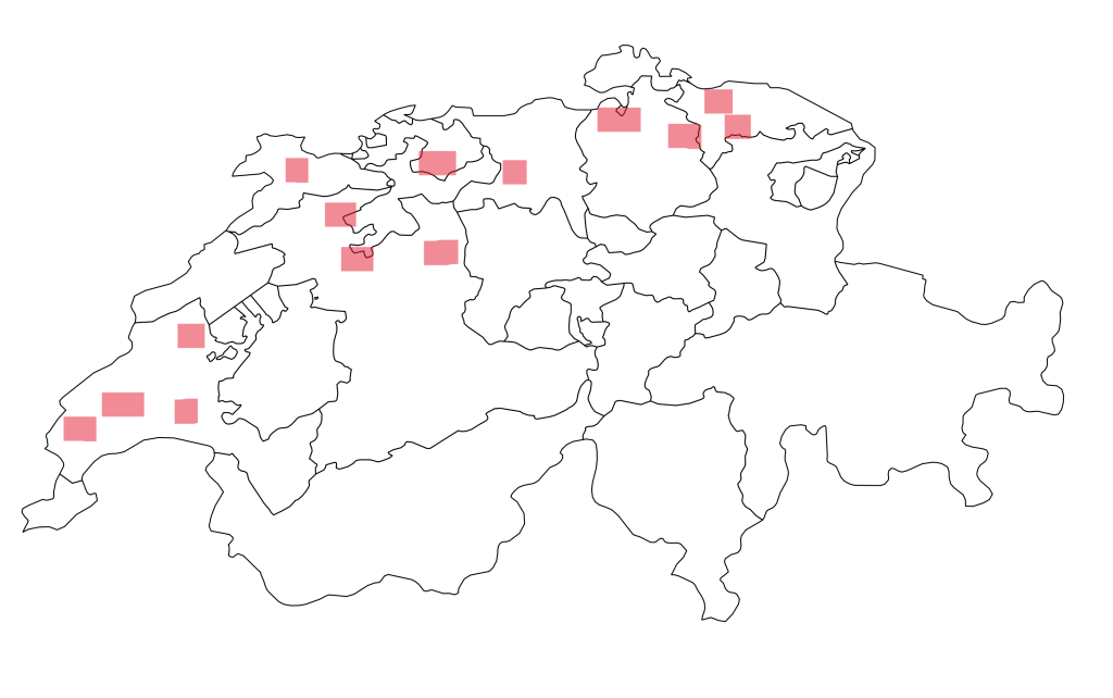 Rote Quadrate auf einer Karte der Schweiz repräsentieren die Verbreitung des Bibers in der Schweiz. Er kommt überwiegend im Nordosten bis Westen (Kanton Schaffhausen bis Kanton Genf) der Schweiz vor.