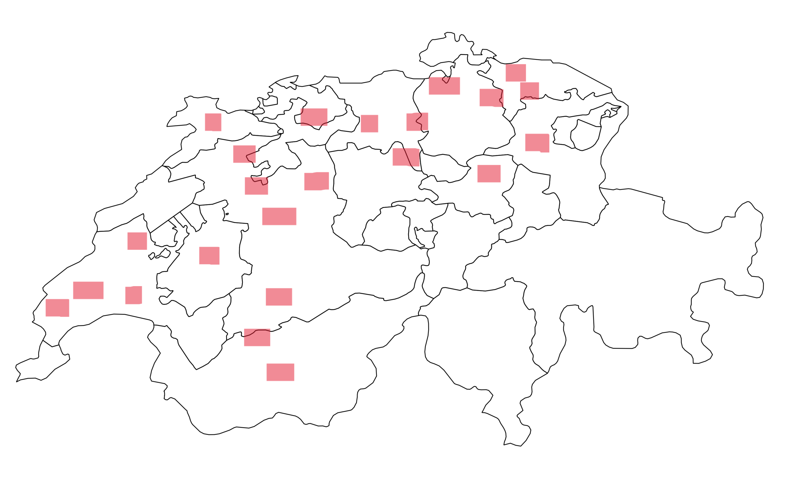 Red squares on a map of Switzerland indicate the kingfisher's distribution in Switzerland. The kingfisher can be found predominantly in the northeast and west of Switzerland.