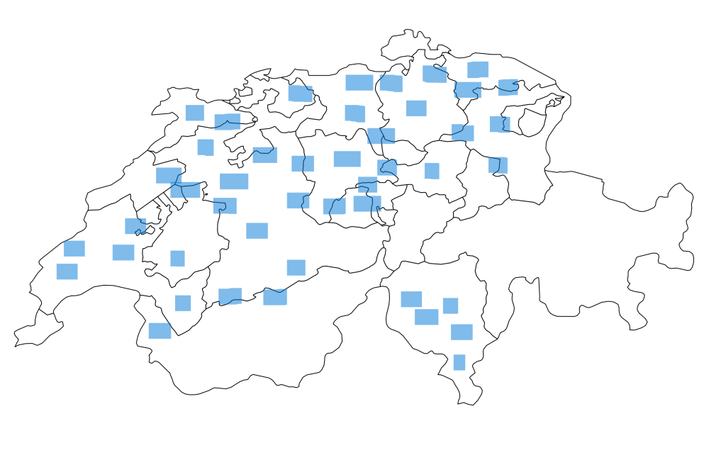 Blue squares on a map of Switzerland indicate the kingfisher's distribution in Switzerland during winter. The bird can be found primarily in the northeast and west of Switzerland but also sporadically in Central Switzerland.