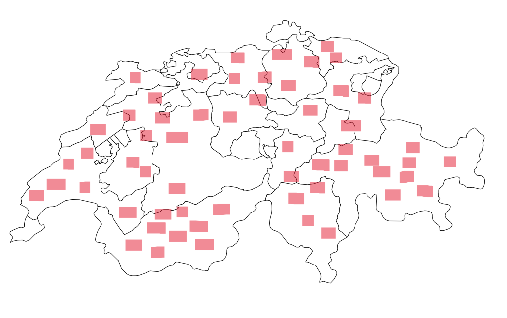 Rote Quadrate auf einer Karte der Schweiz repräsentieren die Verbreitung des Kleibers in der Schweiz. Er kommt beinahe flächendeckend in der Schweiz vor.