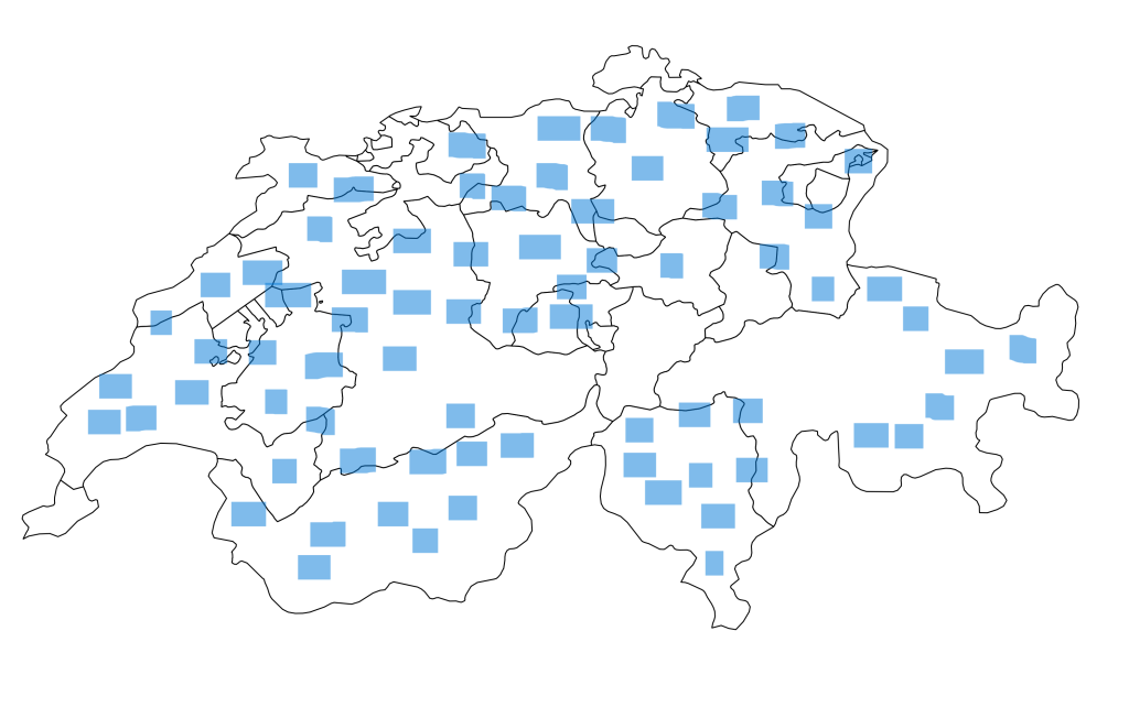 Blue squares on a map of Switzerland indicate the nuthatch's distribution in Switzerland during winter. During the winter months, the nuthatch can be found all over Switzerland, but it is less prevalent in the Cantons of Uri and Graubünden.