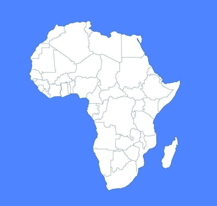 Map of the continent of Africa with outlines of the different countries.